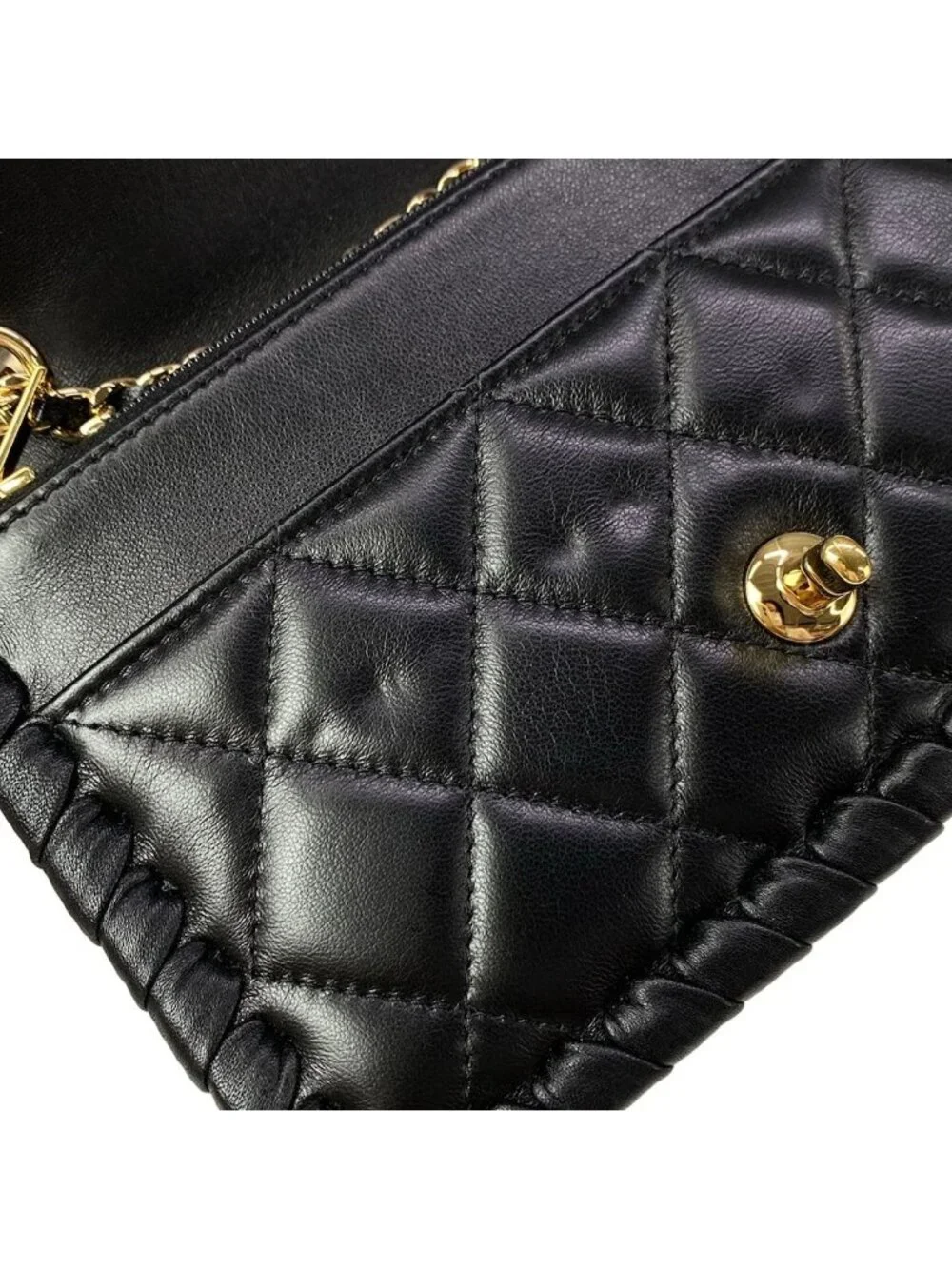 Chanel Wallet Quilted Black Chain Gold Coin Charm Braided Metal Lambskin